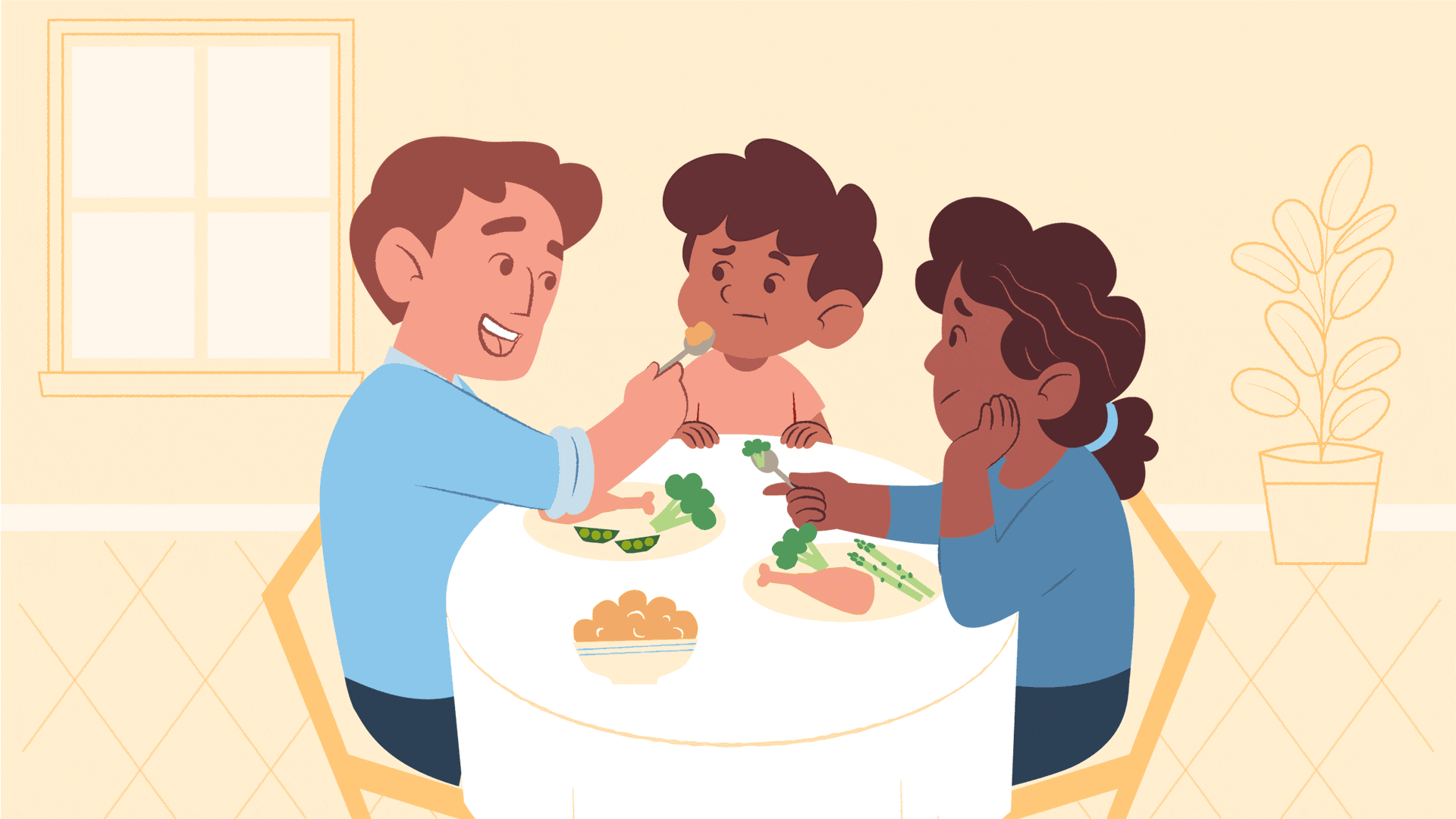 Moving illustration of family at the dinner table eating healthy diet
