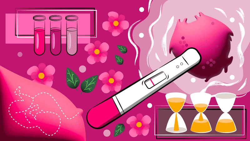 ferility pink moving time clocks vials pregnancy test baby outline