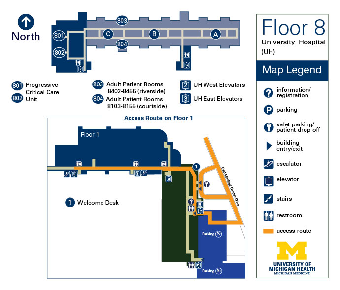 Map for Floor 8 at U-M Health University Hospital - updated May 2024