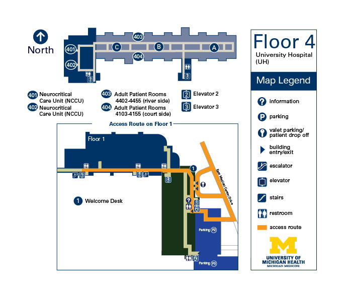 Map of U-M Health University Hospital (UH) Floor 4