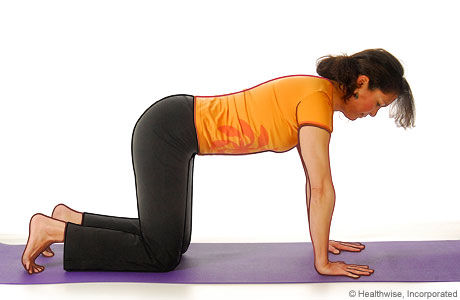 Picture of a woman in step one of the yoga cat cow pose