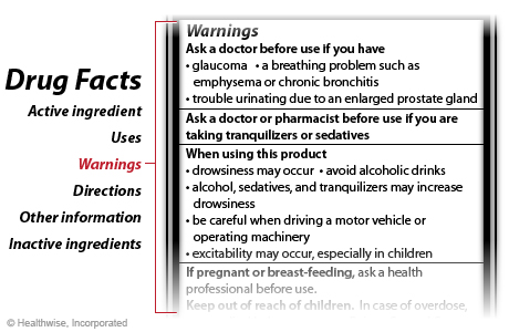 Example of the Warnings section of an over-the-counter Drug Facts label