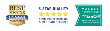 panel of badges for US News and World Report, Nurse Magnet status, and Centers for Medicare and Mediccaid Services 5-star quality