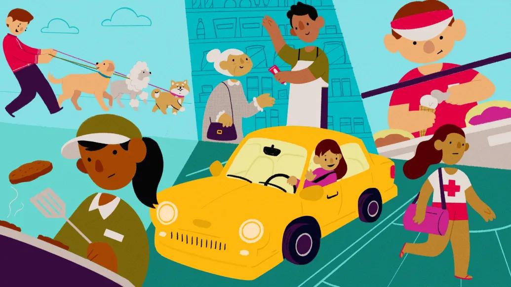 teens in different jobs all over yellow car in middle different jobs