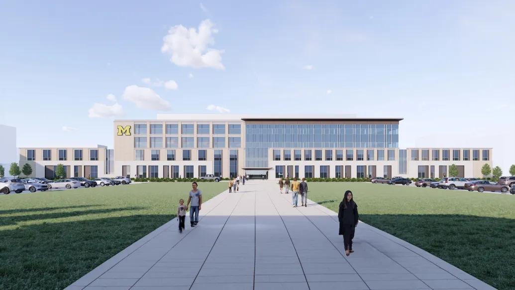 Rendering of new Troy center for specialty care showing front of building and people walking on sidewalk