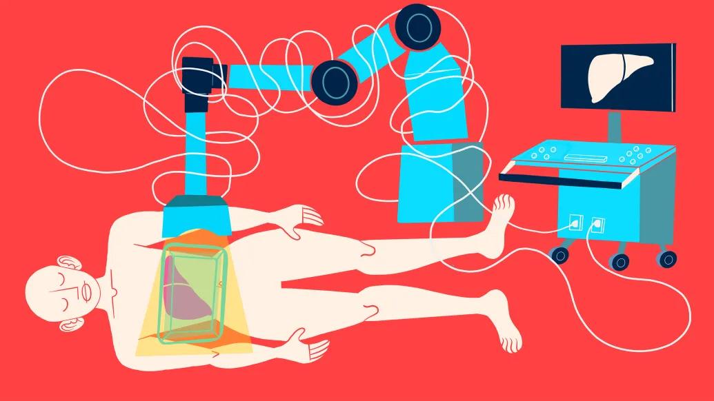 red background person laying on ground with machine over looking into body organs appearing on screen