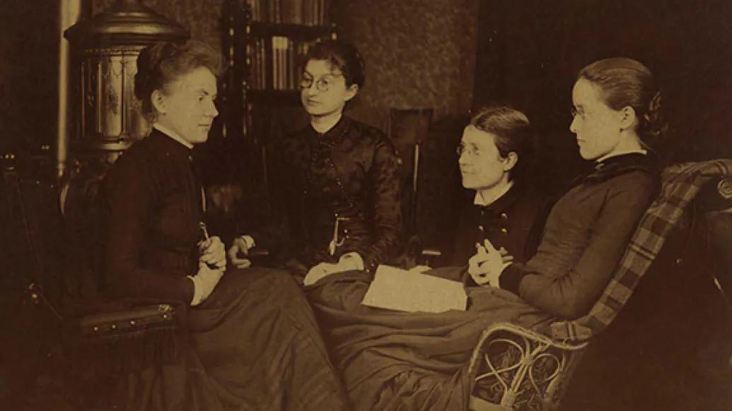 Four 1880s female graduates of the U-M Medical School -  Dr. Bertha Van Hoosen ('88), Dr. Josephine Dorr Blake ('87), Dr. Elizabeth Farrand ('87), Dr. Esther Clara Herrick Brooks ('86)