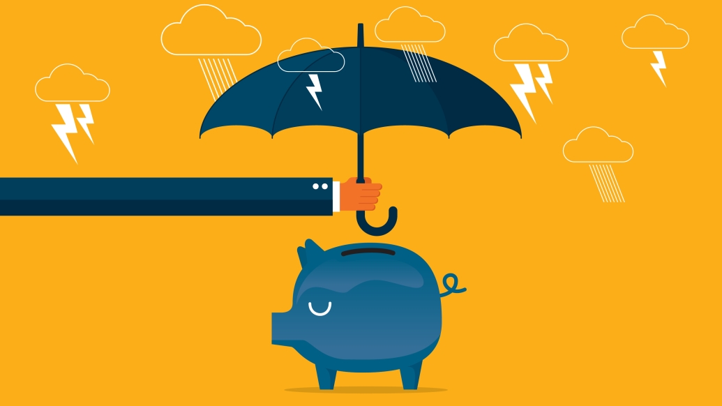 blue piggy bank with umbrella over it and lightening bolts white yellow backyard