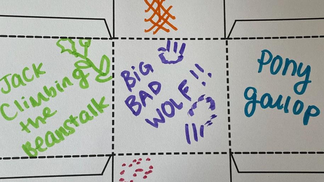 Jack climbing the bean stalk, big bad wolf, pony gallop written if different colors on white board