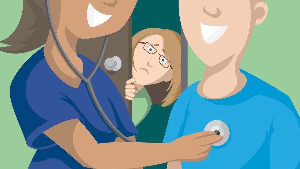 close up on doctor with teen and mom outside door looking in worried green walls
