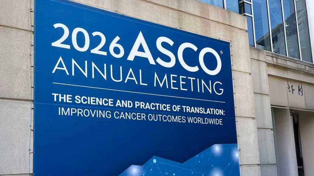 Photo of the ASCO 2026 sign outside the conference center