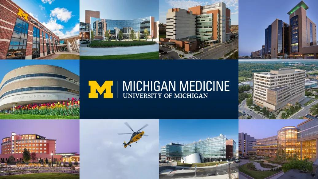 A collage of multiple buildings that are part of Michigan Medicine's statewide network