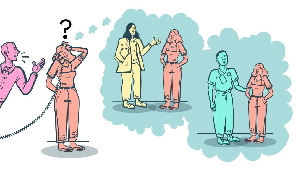 pink person talking to one orange person with question mark above their head confused and then a yellow person talking to the orange person and a teal person talking to the orange person