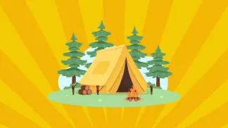 Graphic of a tent, campfire, trees with a sunburst background