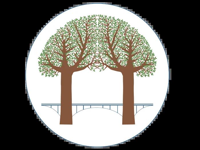 Graphic of two trees with branches intertwined and a bridge behind