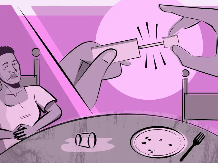 person with stomach pain purple and grey coloring and at home stool test