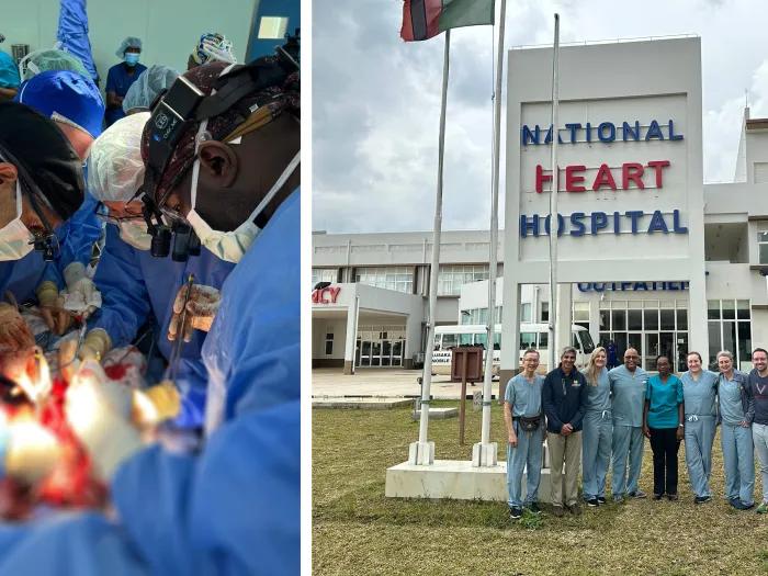 surgery on left and surgeons group on right outside national heart hospital