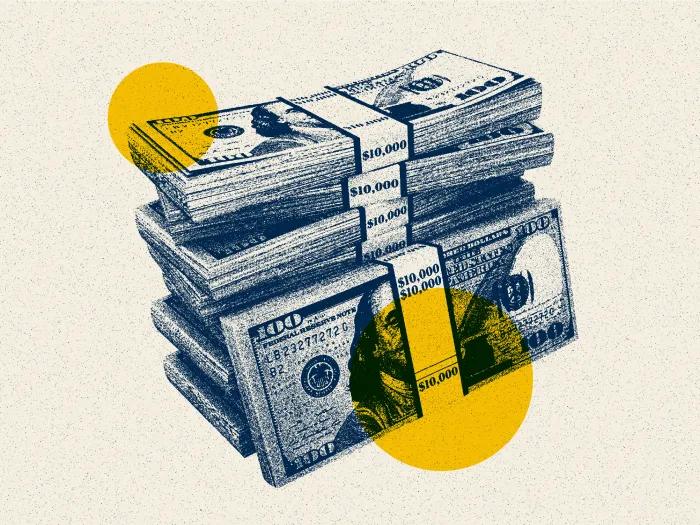cash stack yellow blue