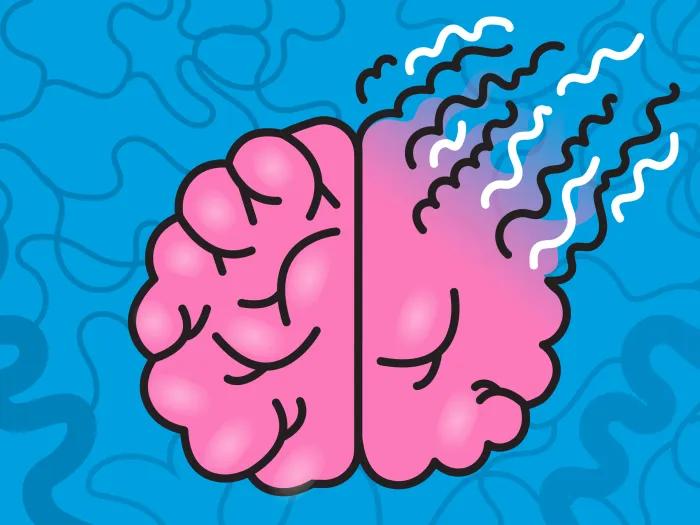 drawing of pink brain and lines withering away blue background