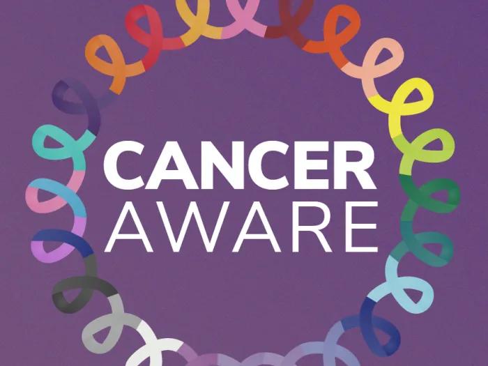 Cancer Aware surrounded by a circle of multicolor ribbons