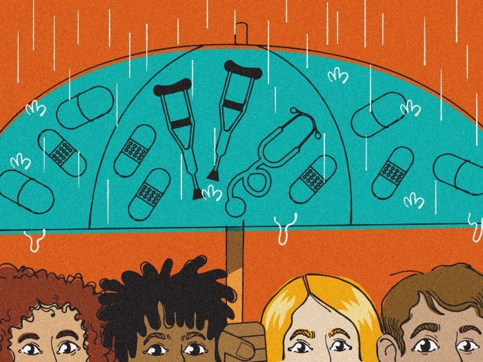 people holding band-aid umbrella standing in the rain