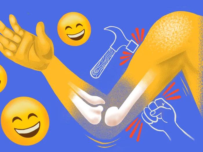 arm see through smiling faces blue yellow hammer and fit hitting arm