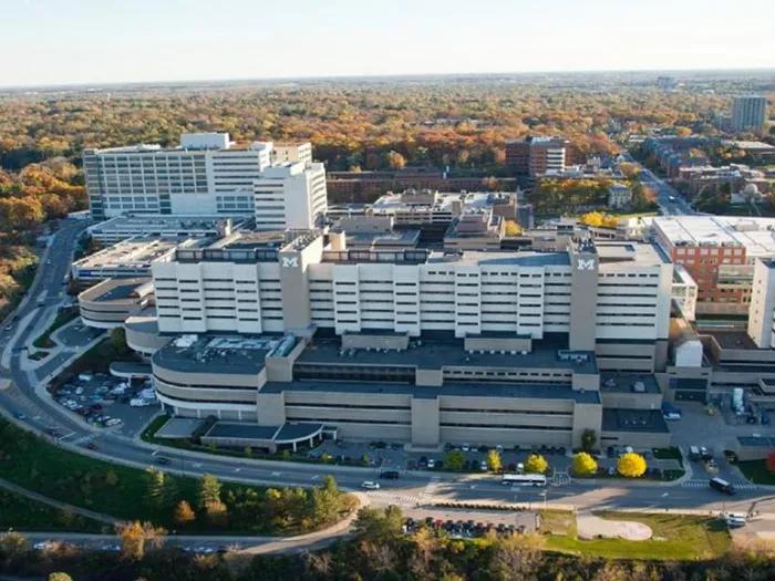 Aerial view of University of Michigan Health hospital in Ann Arbor, Michigan.