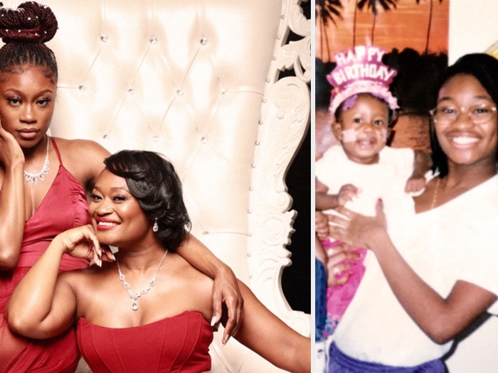 Mom and daughter pose in two separate photos about 30 years apart. Daughter had a congenital heart issue, now is an adult.