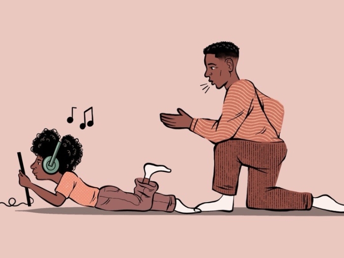 Drawing of parent trying to get child's attention who is listening to music on headphones