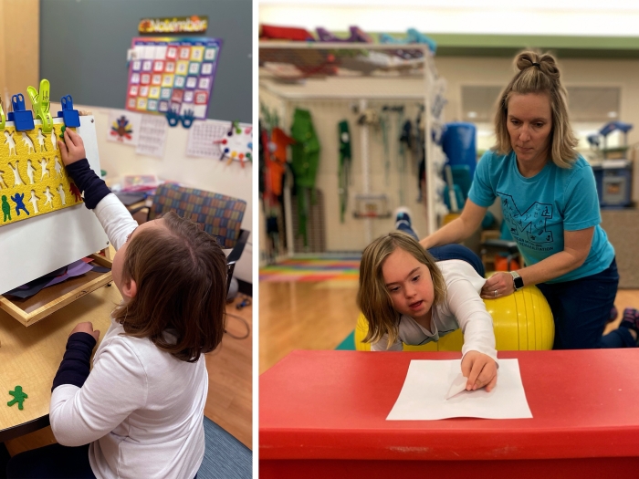 Girl participates in rehab activities, playing with shapes on a board and using an exercise ball