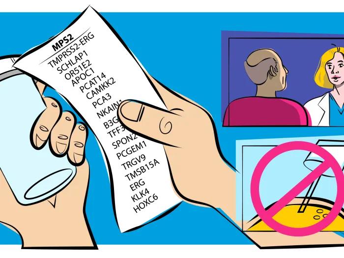 Illustration of hand holding list, with pill bottle in opposite and and small pic of doctor talking to patient