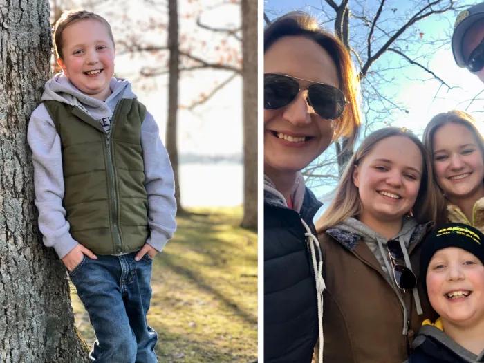 10 year old boy leaning against tree and posing with his mom and sisters outside