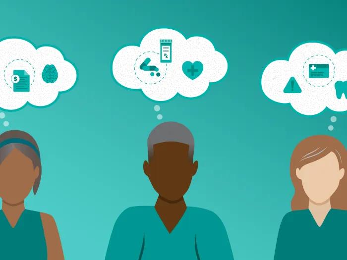 teal background of three people thinking three different things regarding money and health 