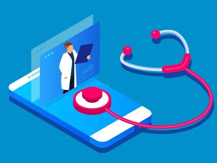 stethoscope listening to phone with doctor projected out of it