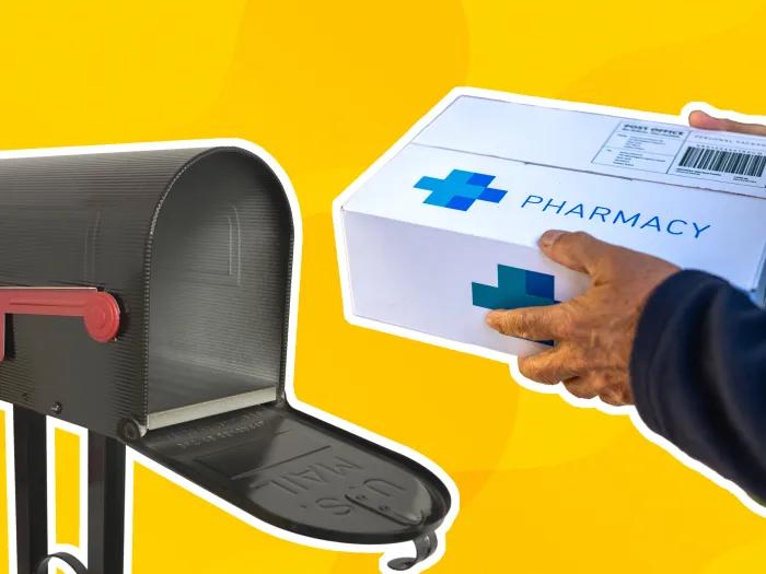 Mailbox with a pharmacy package being inserted on a yellow background.
