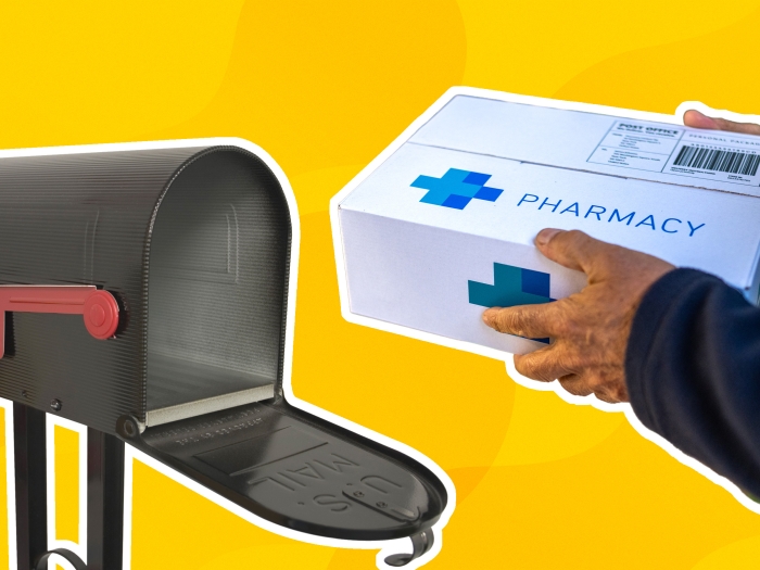 Mailbox with a pharmacy package being inserted on a yellow background.