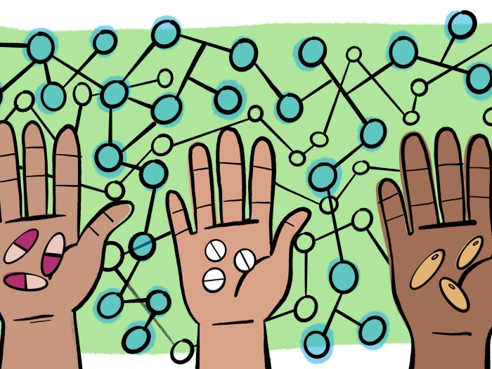 drawing of three hands with pills in hand background green