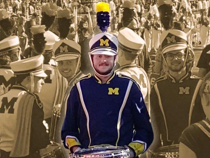 sepia tone photo off grey with band member in yellow and blue highlighted in middle