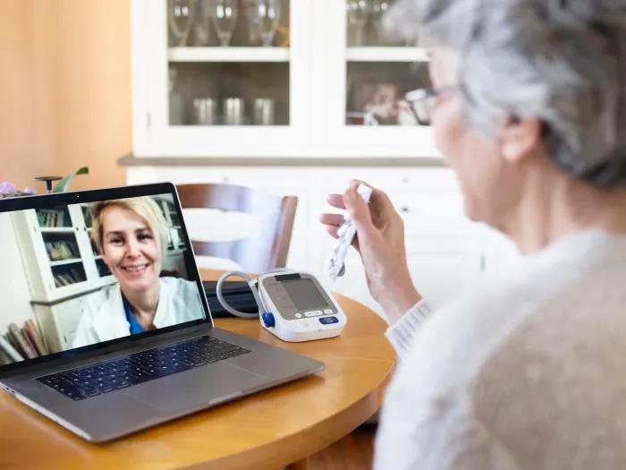 woman talking to doctor on computer