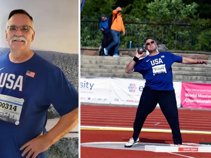 man standing and throwing in track and field event