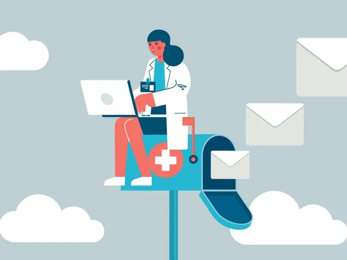 doctor on mailbox answering questions with envelopes 
