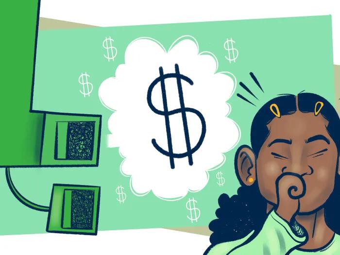 inhaler green money sign floating in cloud and little girl with black hair coughing 