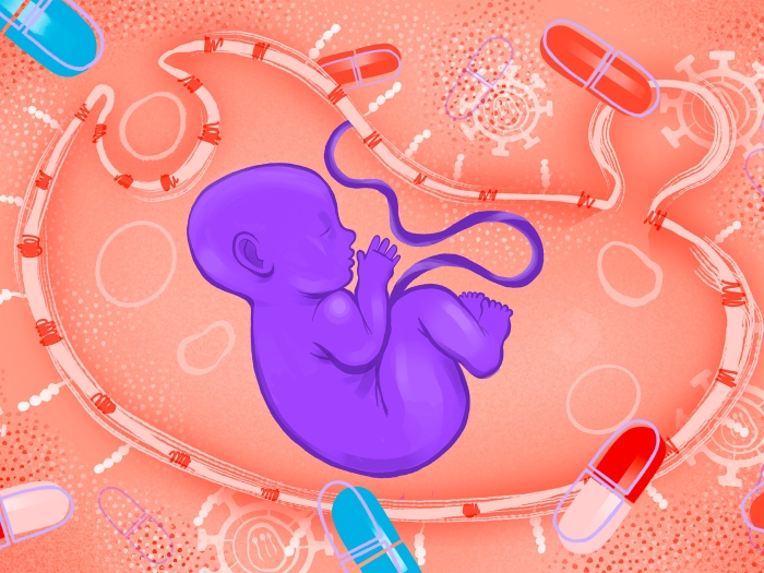 orange background purple baby in middle pills floating in red white and blue