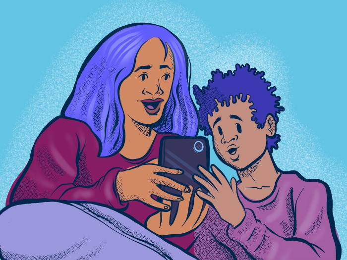 mom with teen looking at phone with blue hair and blue background purple outfits