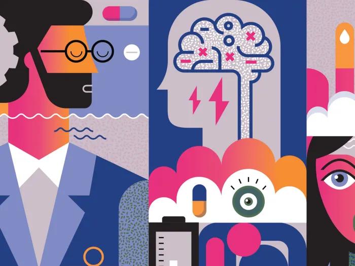 graphic drawing of man with glasses and bomb near his head going off and inside someones head a brain and a woman looking surpised all in colors grey purple orange pink 