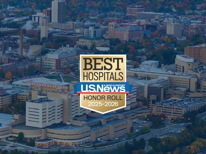 US News and World Report 2025 badge with a U-M Health skyline backdrop 