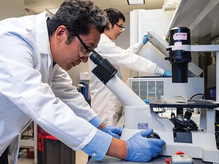 Dr. James Moon uses a microscope in his lab