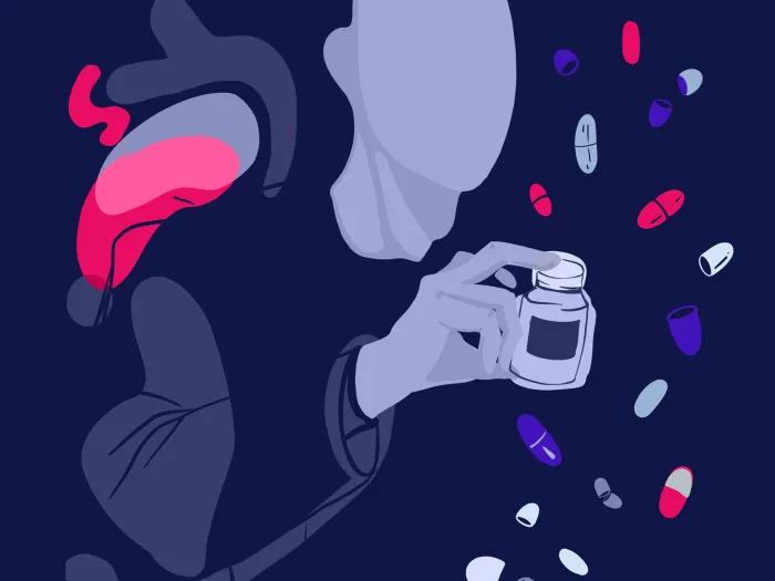 pills falling to outline bottle pink purple white grey on dark navy background