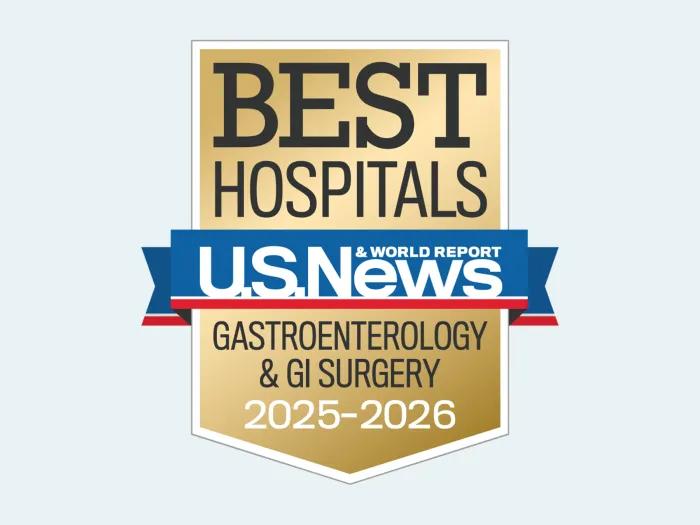 Badge with text: Best Hospitals U.S. News & World Report, Gastroenterology & GI Surgery 2025-2026