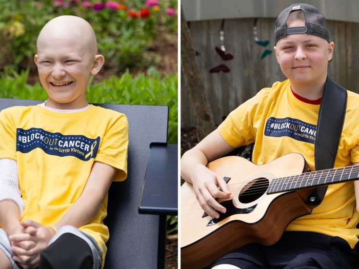 two boys sitting in two different pictures smiling at camera, on the right with guitar 